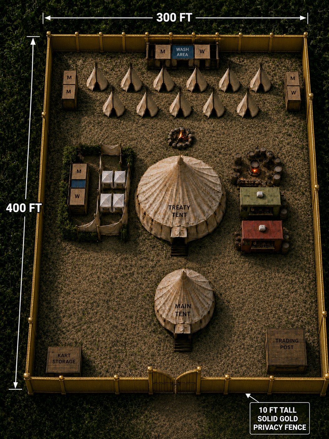 Locked Homeless Healing Camp map with treaty tent, main tent, wash area, sleeping area and gold fence